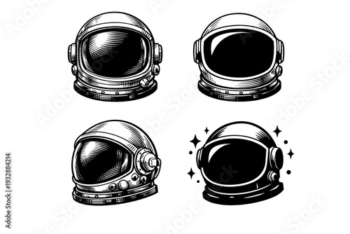 Set of four vintage space helmets: retro astronaut design collection