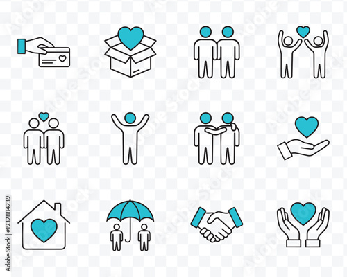 Community, Charity and Support Line Icons. Donation, Help, Friendship, Love and Care Vector Set