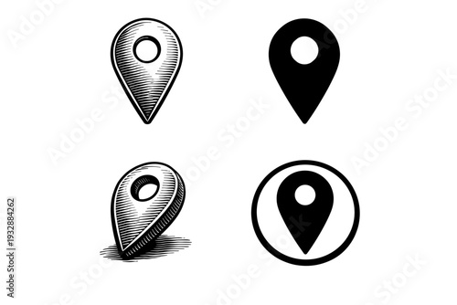Four distinct gps location pin icon designs in black and white style