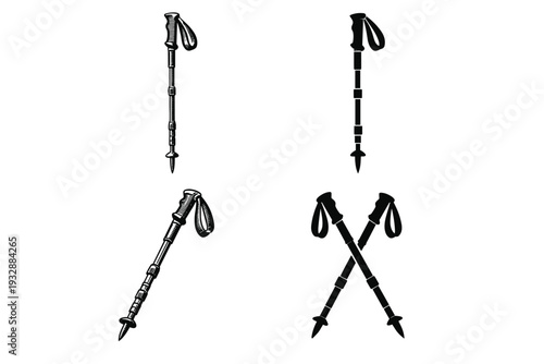 Set of hiking poles illustrations with different designs and straps