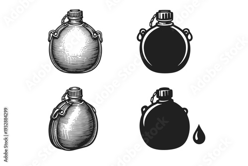 Vintage and modern canteen illustrations with water droplet symbol