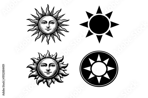 Vintage and modern sun icons with human faces and geometric designs