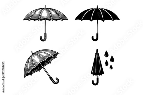 Set of four black and white umbrella illustrations with raindrops