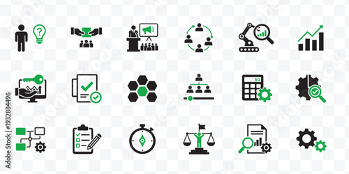 Modern Business Management and Data Analytics Vector Icons Set. Strategy, Growth, Workflow, Planning and Teamwork.