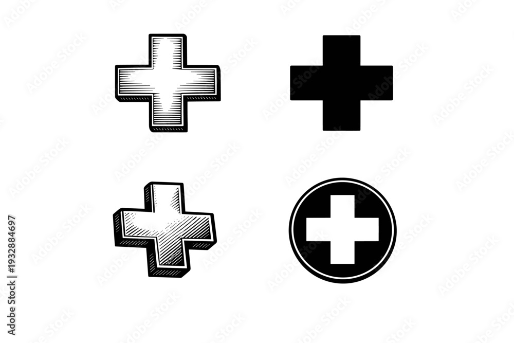 Obraz premium Vintage and modern styles of plus signs in black and white variations