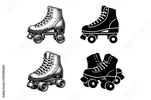 Vintage roller skates illustrations in black and white