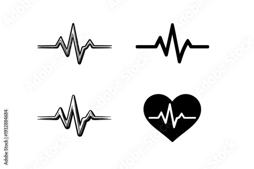 Heartbeat pulse wave icons: four variations including heart with ekg l