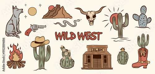 Wild West icon set. desert landscape with mountains and cactus, coyote
