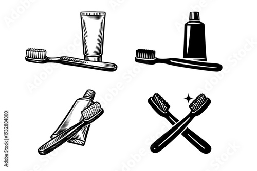 Vintage toothbrush and toothpaste illustrations in black and white