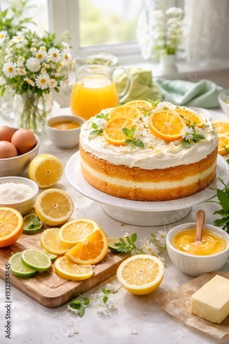 Delicious homemade lemon layered cake featuring whipped cream frosting, fresh orange and lemon slices, mint leaves, and cheerful daisies, surrounded by baking ingredients under natural light