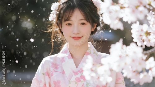 A young woman in a floral kimono stands amidst blooming cherry blossoms, with petals gently falling around her.