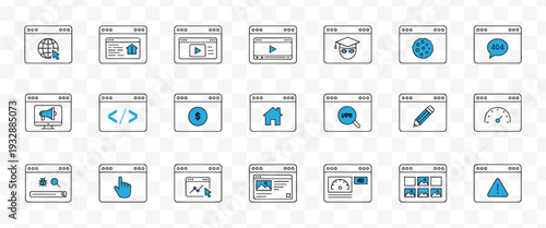 Modern Web Browser Icons Collection Internet, Development, Marketing, Security, Analytics, and UI UX Outline Vector Set.