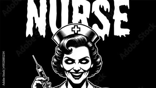 Creepy Evil Nurse with Syringe Horror Illustration in Black and White Featuring Spooky Medical Theme and Dripping Typography Background Design