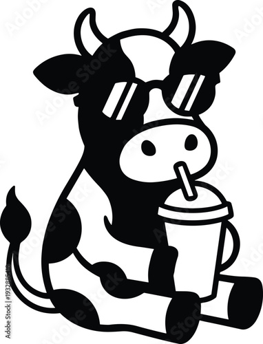 Cute cartoon cow sitting and wearing sunglasses while drinking a milkshake or boba tea, minimalist black and white vector illustration mascot for stickers (24 words)