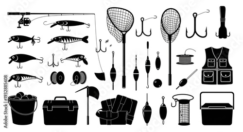 Collection of fishing equipment and accessories for recreational angling activities.