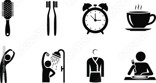 Icon bundle featuring daily routine essentials brush cutlery alarm coffee spoon shower kimono and meal icons