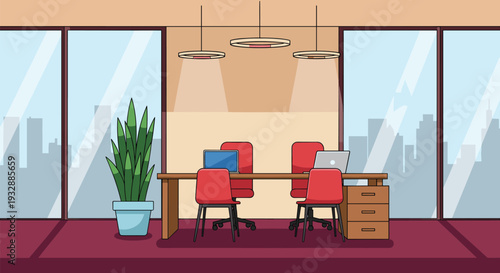 Modern office meeting room interior with table chairs and workspace vector illustration