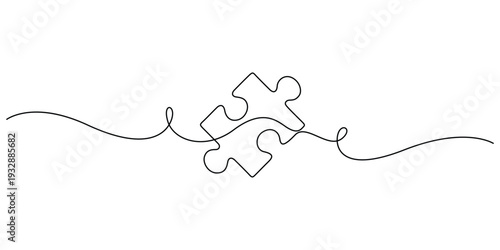 Minimalist continuous line drawing of a puzzle piece, concepts for connection, logic, and creative problem-solving