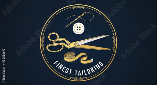 Elegant Tailoring Logo - Scissors, Needle, and Finest Craftsmanship Emblem.