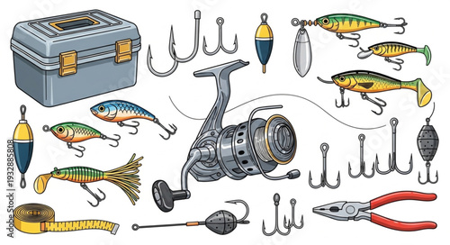 Detailed illustration of various fishing equipment and accessories for angling.