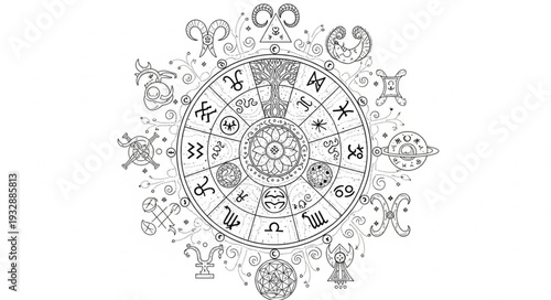 Intricate astrological wheel depicting zodiac signs and celestial symbols in detail.