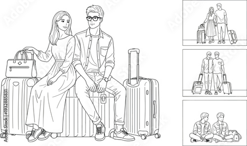 Travel Couple with Suitcases Line Art Vector Illustration Set Featuring Airport, Vacation, and Journey Scenes in Outline Style