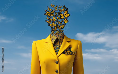 Wallpaper Mural Surreal background of a woman's body in a yellow suit while her head consists of a group of butterflies Torontodigital.ca