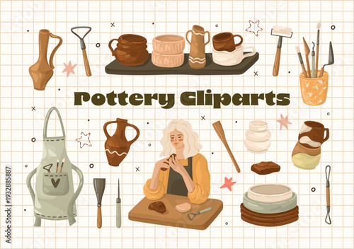 Cozy Pottery Clipart Set. Handmade Ceramics, Sculpting Clay, and Pottery Tools. Vector.