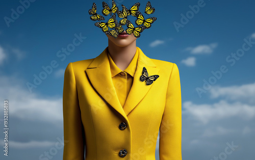 Wallpaper Mural Surreal background of a woman's body in a yellow suit while her head consists of a group of butterflies Torontodigital.ca