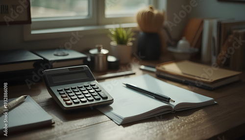 Financial accounting workspace with black calculator, pen, and open blank notebook on a sunlit wooden desk.