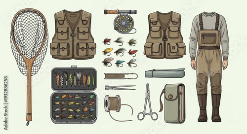 Fly fishing gear set with vest, waders, net, reel, and accessories for outdoor activities.