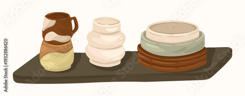 Handmade Clay vase, mugs, and plates on a shelf. Cozy Pottery Objects. Vector illustration.