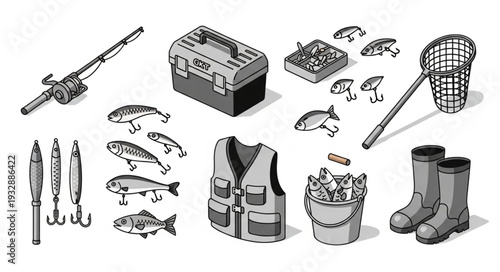 Fishing gear assortment - rod, tackle box, lures, net, vest, boots, and bucket.