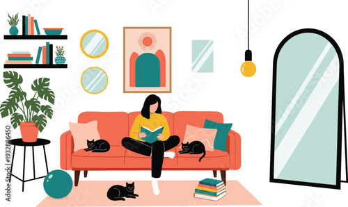 Woman reading book on sofa with cats cozy home interior lifestyle vector illustration