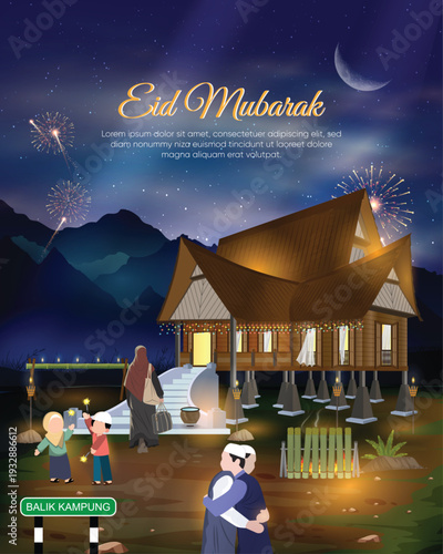 Eid Mubarak Balik Kampung Reunion at Traditional Malay Village House with Fireworks Night Celebration. Ideal for Hari Raya Aidilfitri greeting cards, posters, social media campaigns.