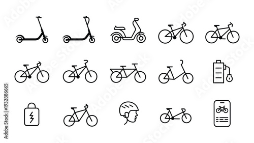 Electric transportation line icons set, scooter and bicycle symbols for urban eco mobility, charging station battery helmet app elements, minimalist outline design, city commute graphics, green travel