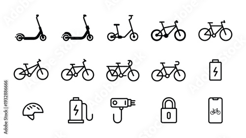 Electric transportation line icon collection featuring scooter and bicycle symbols, urban eco mobility theme, charging station battery level helmet and mobile app signs, clean minimal outline style