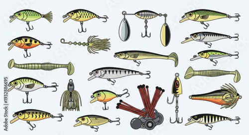 Collection of Various Fishing Lures and Baits, Angling Equipment Displayed.