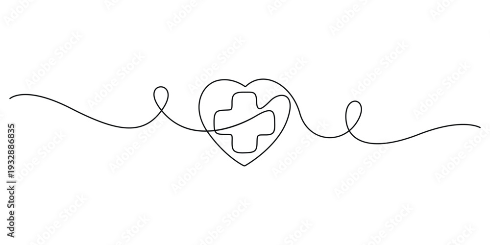 Obraz premium Continuous one line art illustration of a heart shape with a medical cross inside, concepts for healthcare and well-being