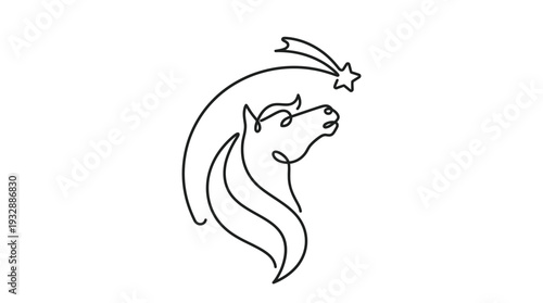 Horse Head and Falling Star One-Line Icon, Single Continuous Line Profile Minimal Outline