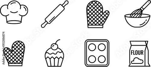 Baking and cooking line icon set with chef hat, rolling pin, oven mitt, whisk bowl, cupcake, muffin tray, flour bag