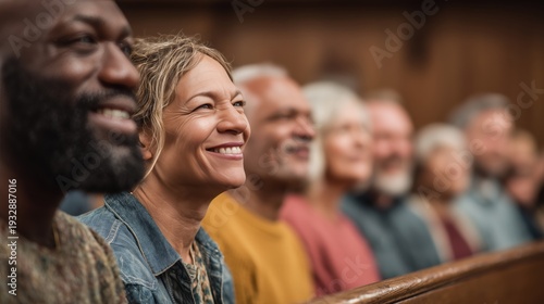 People listening in church pews. Row of adults sits closely in wooden benches, side view, blurred background congregation, warm tones, Christian church interior during worship service.