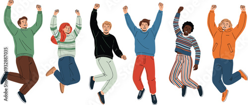 Group of happy diverse people jumping together celebrating success