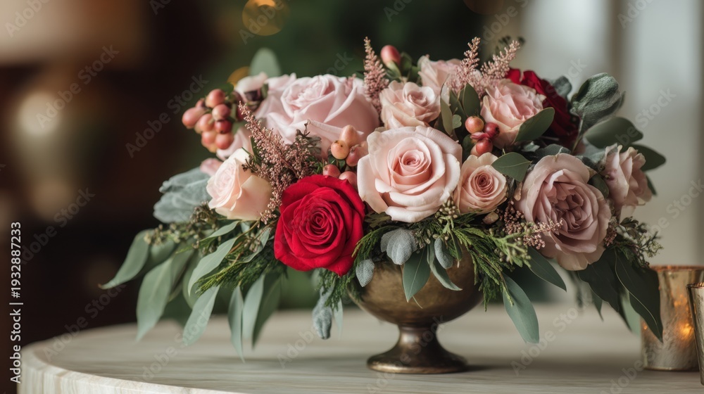 Obraz premium Elegant floral arrangement featuring pink and red roses with greenery in a vintage vase. Festive table centerpiece for holiday celebration.