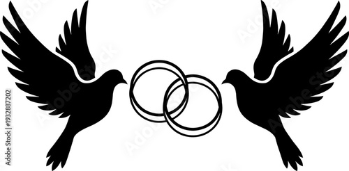 Black and white vector silhouette of two flying doves with interlocking wedding rings, elegant symbolic illustration for marriage invitation, unity, and romantic celebration. (25 words)