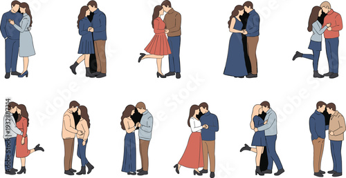 Romantic young couples in love hugging and standing together set