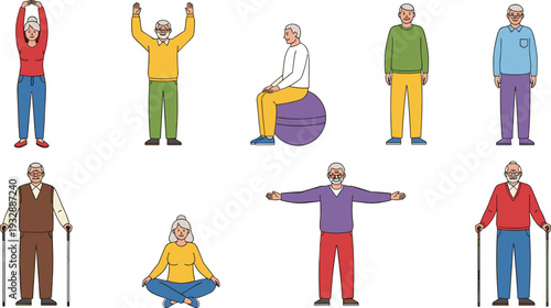 Senior elderly people characters exercising and practicing yoga set