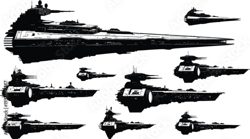 Black and white vector silhouettes set of futuristic sci-fi starships and galactic cruiser fleet isolated on white background for space exploration concepts. (25 words)