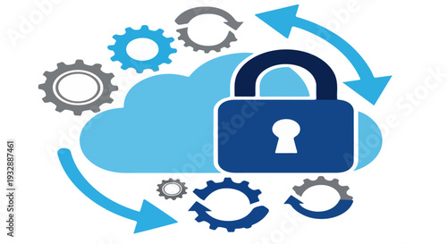 Cloud security concept featuring a central lock surrounded by rotating gears and arrows, symbolizing data protection and technological connectivity