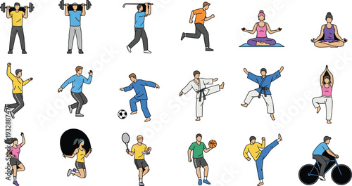 Set of diverse people doing different sports and fitness activities